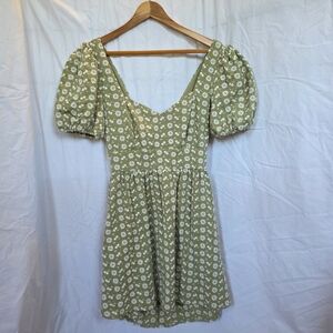 Trixxi Olive Floral Puff Sleeve Mini Dress